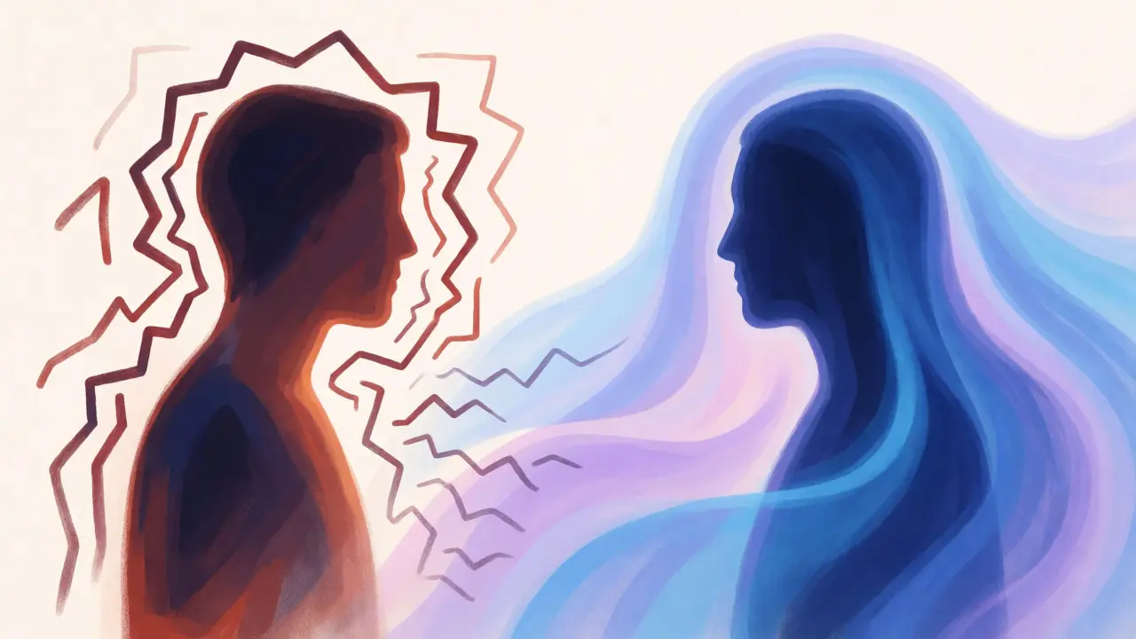Konzeptkunst zeigt den Übergang von Stress zu Entspannung durch energetische Balance.