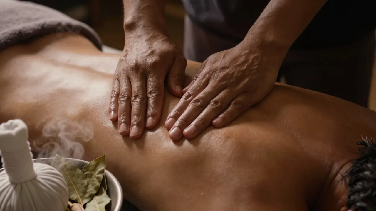 Nahaufnahme der Hände eines Therapeuten bei einer Hilot-Massage mit Kräuterkompressen
