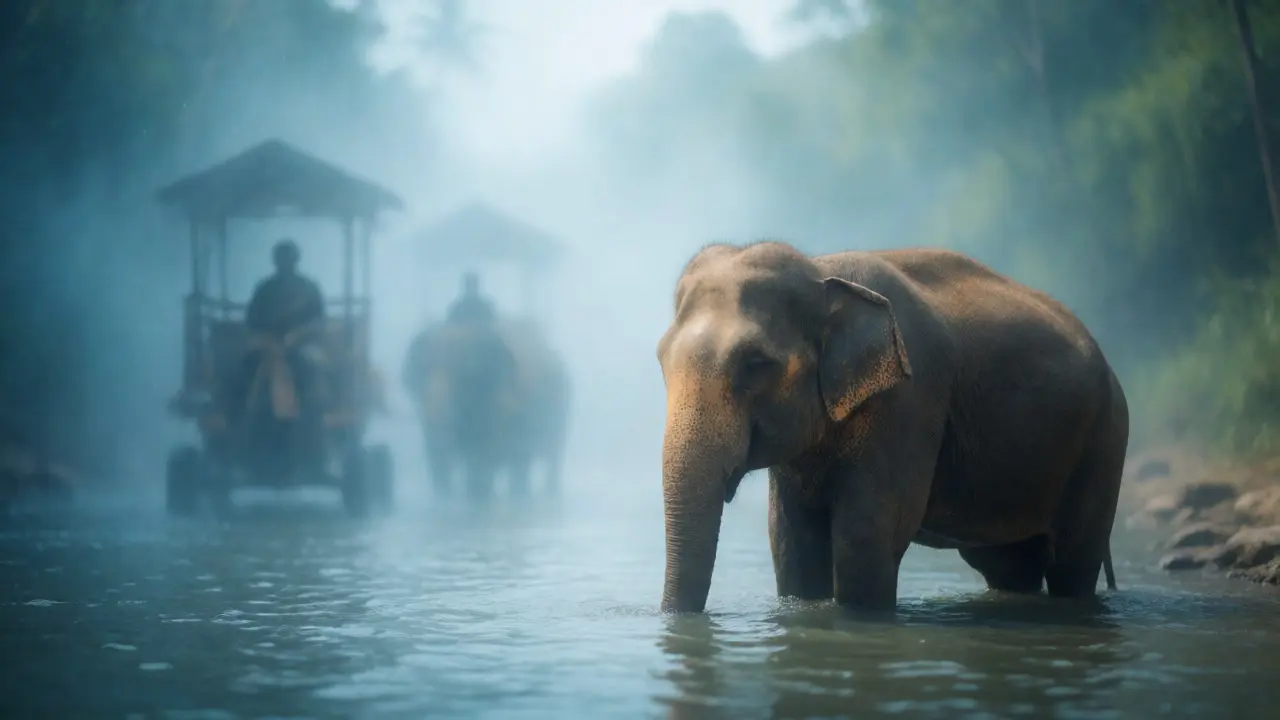 Elefant im Fluss mit historischem Hintergrund