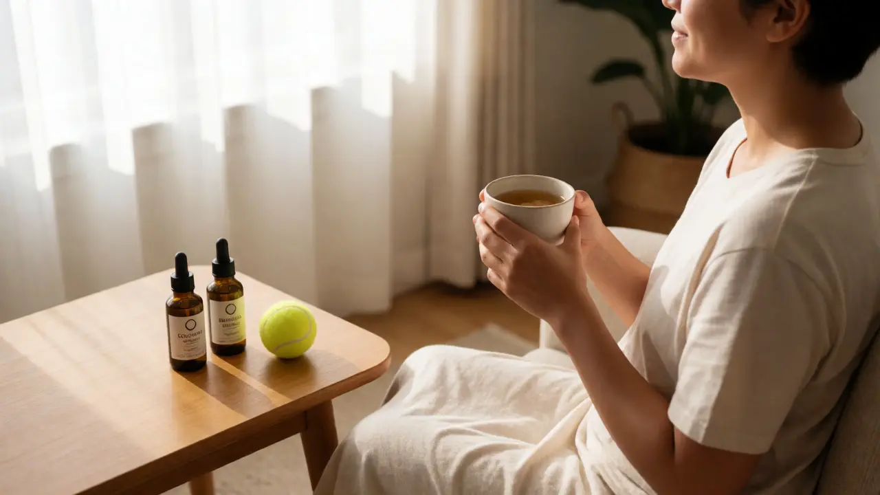 Entspannte Person mit Tee und Ölen nach der Lomi Lomi Massage
