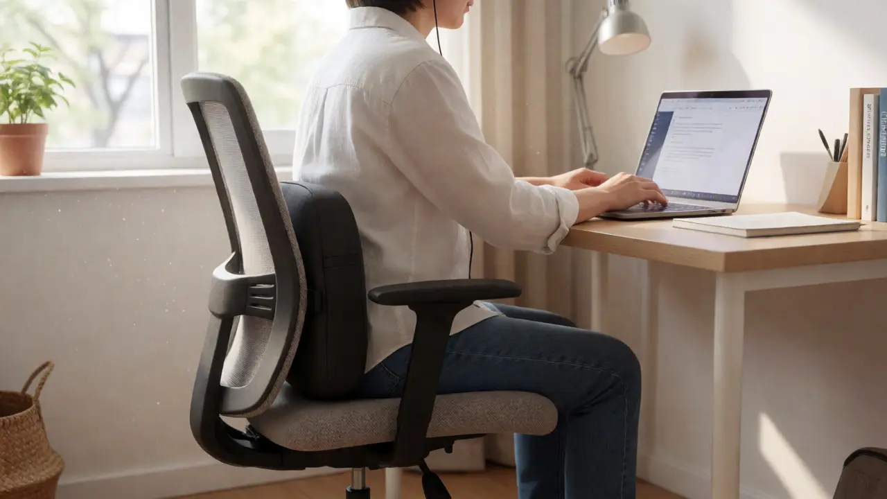Kompaktes Massagekissen am Bürostuhl während der Arbeit