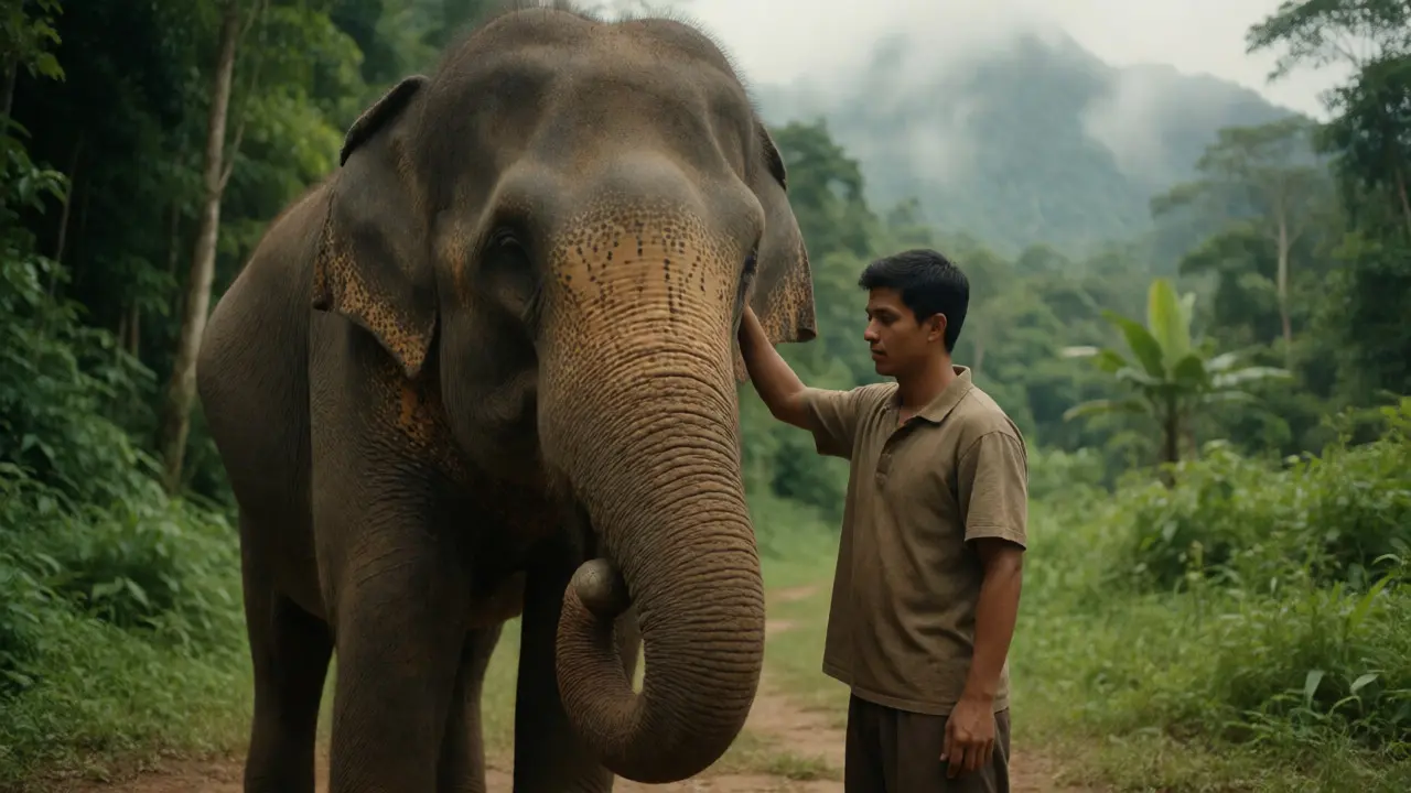 Mahout führt Elefantenrüssel bei Massage